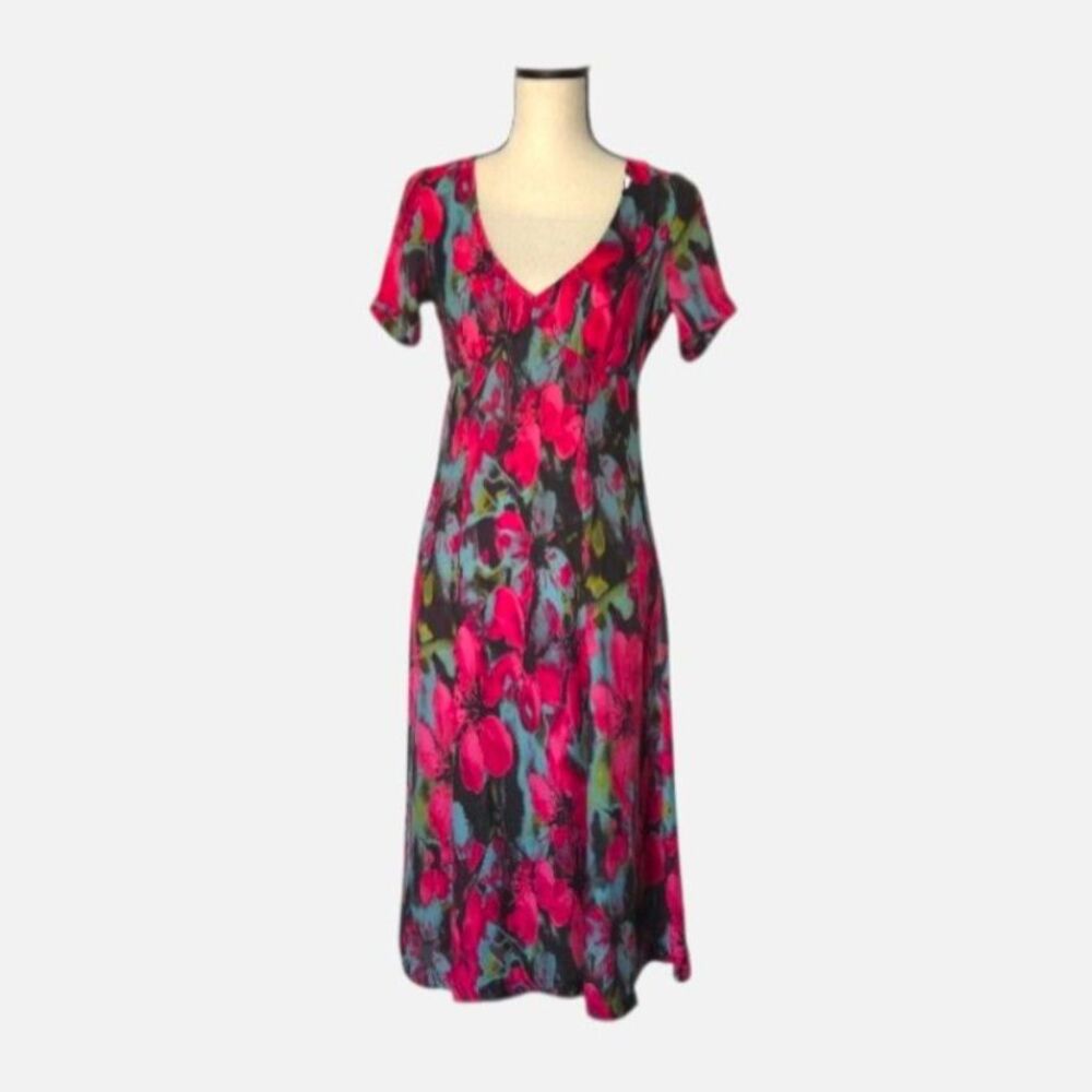 BB Dakota Silky Floral V-Neck Midi Dress Pink Black Blue Size 4